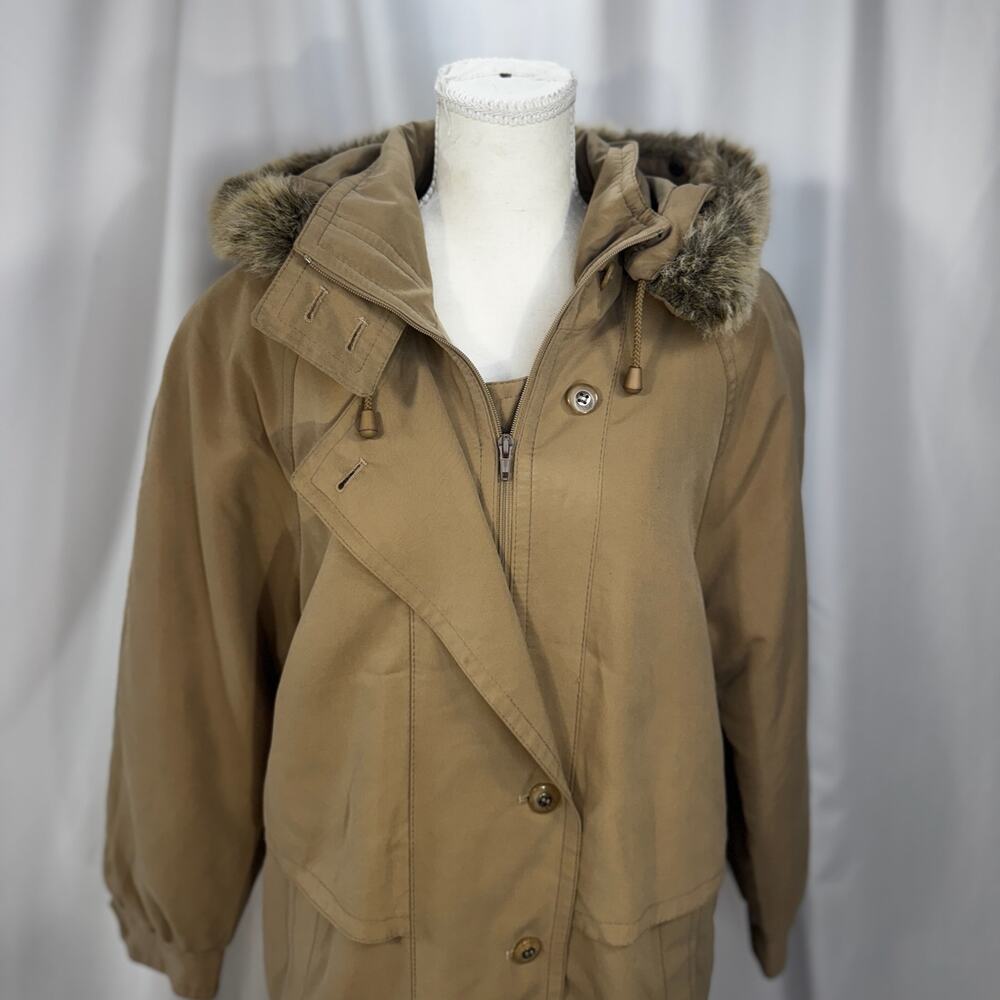 Vintage Camel Maxi Hooded Parka Fur Trim Insulated Winter Coat Made England XL - Picture 7 of 16